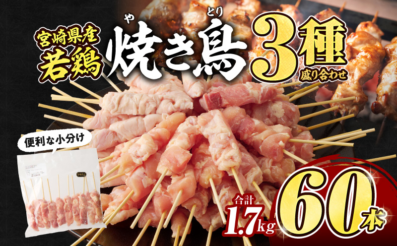 【翌月末までに発送予定】若鶏の焼き鳥3種(60本)盛り合わせ_M146-013